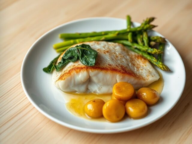 Rog gefarceerd met verse spinazie, tempura van groene asperges en geglaceerde raapjes