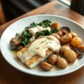 Rog met spinazie, shiitakes, krielaardappelen en Hollandse saus