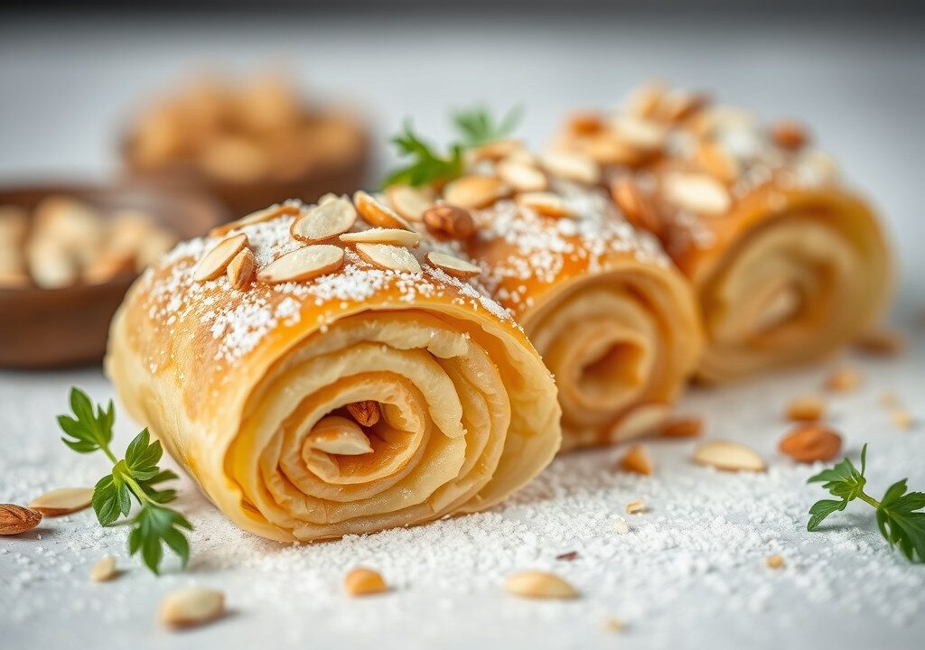 Rollade van filodeeg en amandelen, AI-gegenereerde illustratie