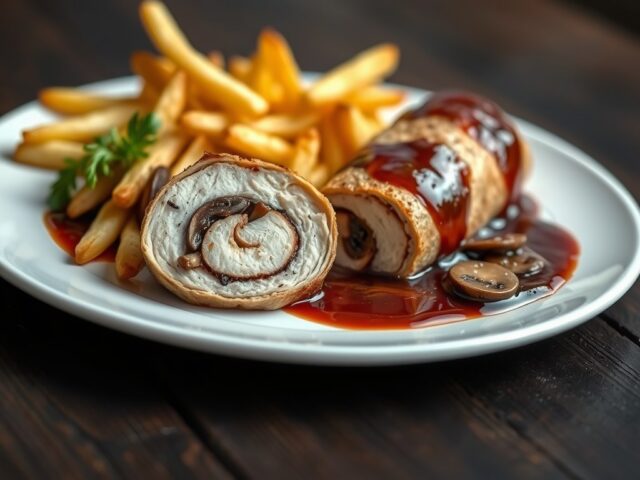 Rollade van kip met morilles en frieten van pastinaak