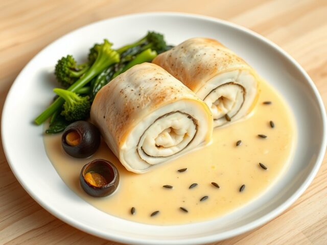 Rollade van visfilet in een Camembertsaus met zeevruchten
