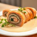 Rollade van zalm, spinazie en zuurkool in een coul
