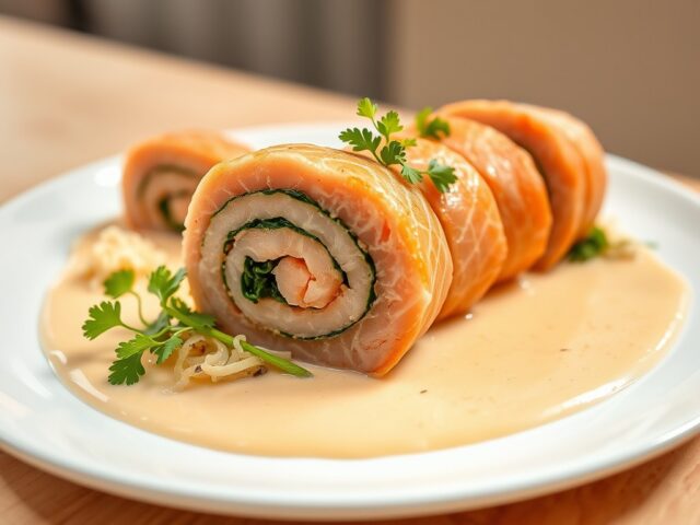 Rollade van zalm, spinazie en zuurkool in een coul