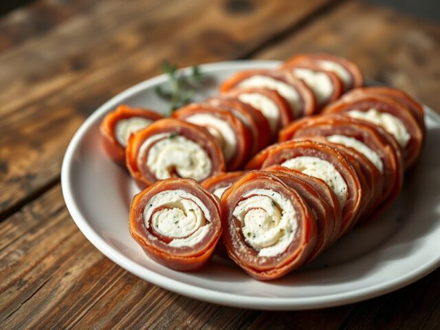 Rolletje droge ham gevuld met kaas en (duxelle)
