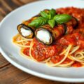 Rolletjes van aubergine met spaghetti