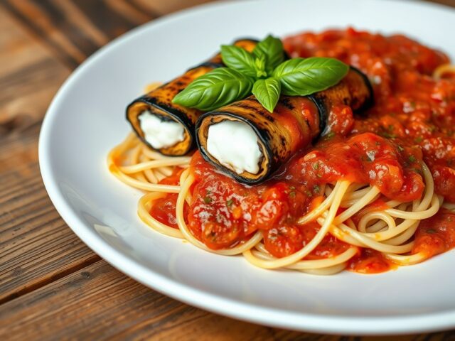 Rolletjes van aubergine met spaghetti