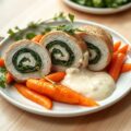 Rolletjes van kippenborstfilet in een Noilly Prat