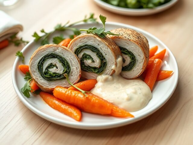 Rolletjes van kippenborstfilet in een Noilly Prat