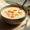 Romige aardappelsoep met zalm en zalmeitjes