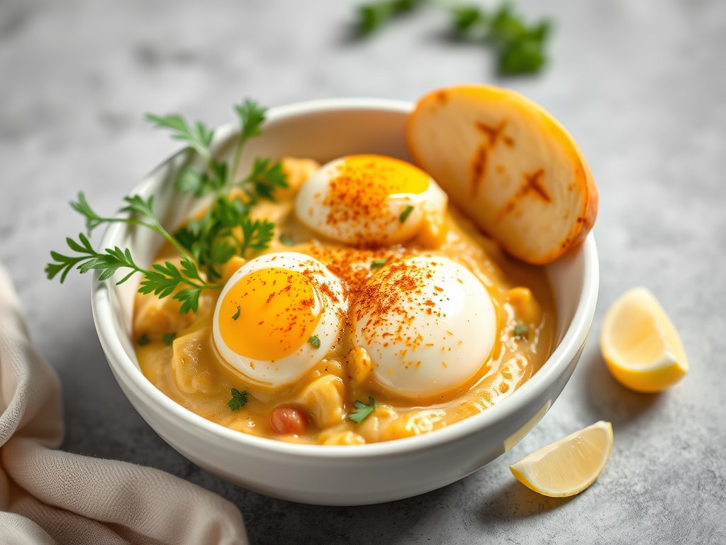 Romige eierragout met ui, AI-gegenereerde illustratie