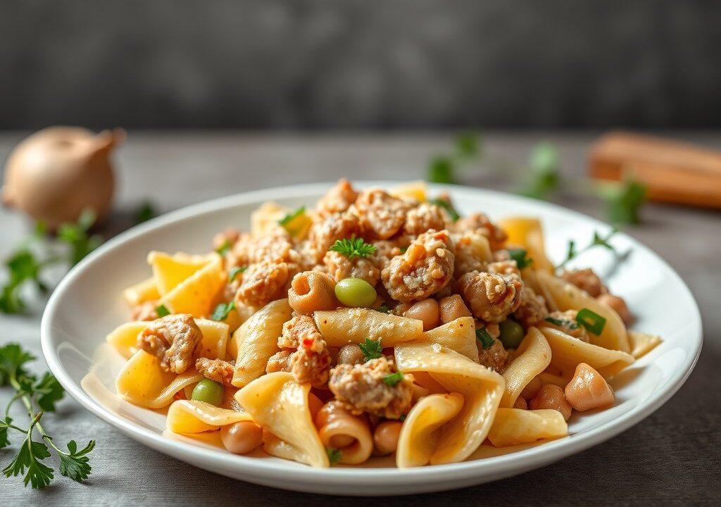 Romige farfalle met boontjes en kipgehakt, AI-gegenereerde illustratie
