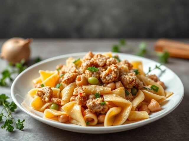 Romige farfalle met boontjes en kipgehakt — AI-gegenereerde illustratie