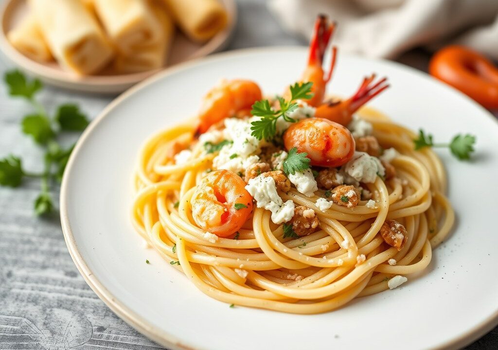 Romige pasta met gamba’s, AI-gegenereerde illustratie