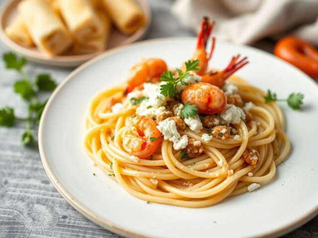 Romige pasta met gamba’s — AI-gegenereerde illustratie