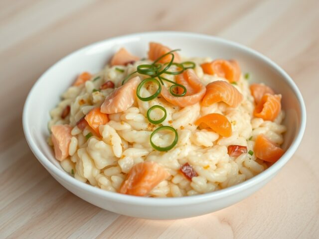 Romige risotto met gerookte zalm en lenteuitjes