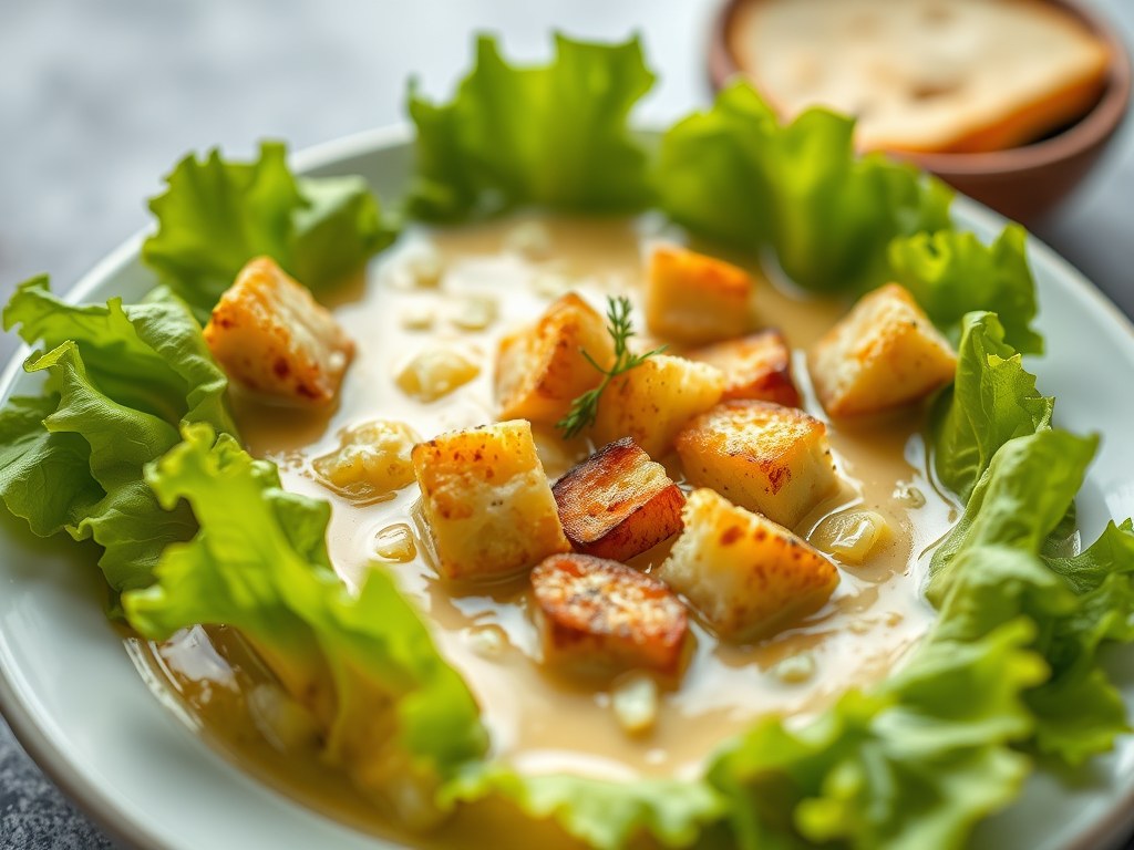 Romige slasoep met croutons, AI-gegenereerde illustratie