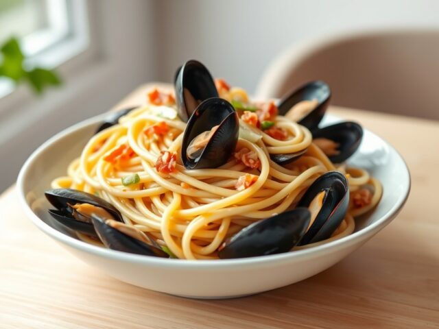 Romige spaghetti met mosselen