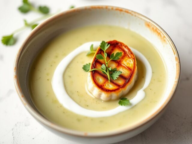 Romige waterkerssoep met gegrilde coquille saint