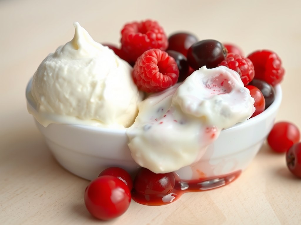 Rood fruit met yoghurtijs, AI-gegenereerde illustratie