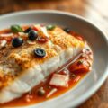 Roodbaars met tomatenfondue, zwarte olijven, kappertjes en ansjovis