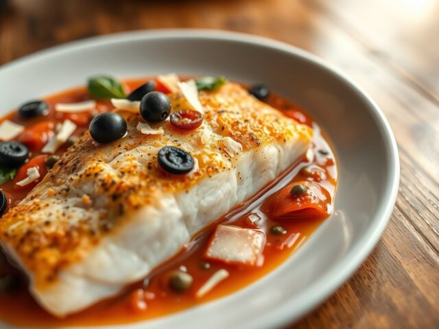 Roodbaars met tomatenfondue, zwarte olijven, kappertjes en ansjovis