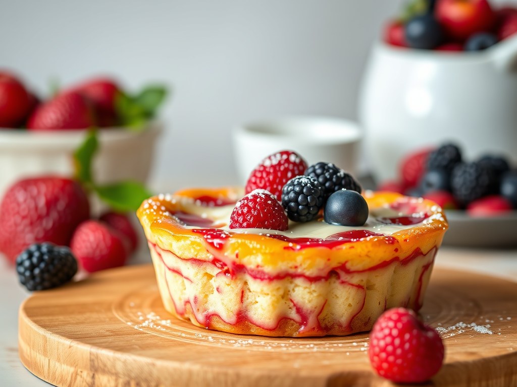 Roodfruitclafoutis met noga, AI-gegenereerde illustratie