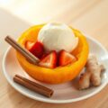 Roomijs met aardbeien in een oosterse sinaasappels