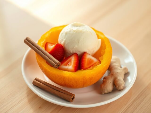 Roomijs met aardbeien in een oosterse sinaasappels