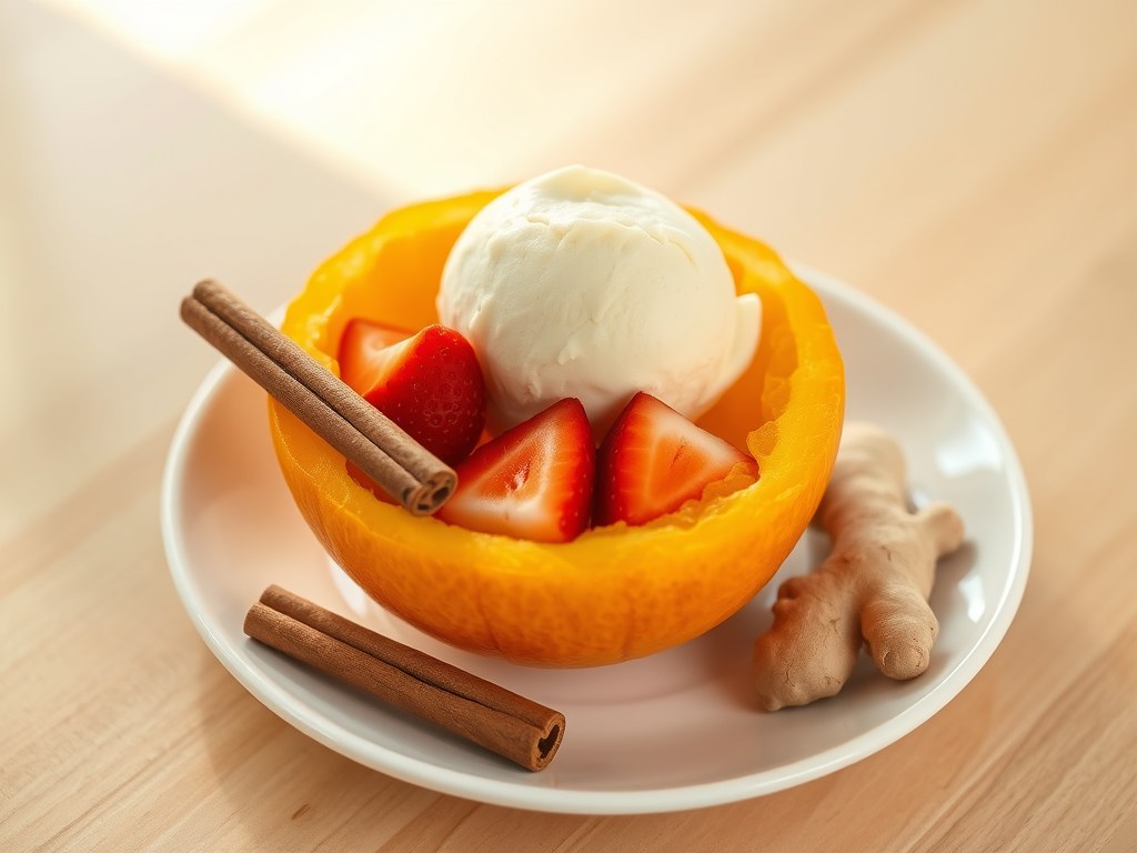 Roomijs met aardbeien in een oosterse sinaasappels, AI-gegenereerde illustratie