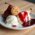 Roomijs met stoofpeertjes en cranberrysaus