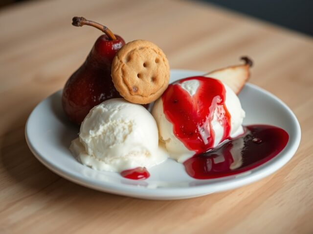Roomijs met stoofpeertjes en cranberrysaus