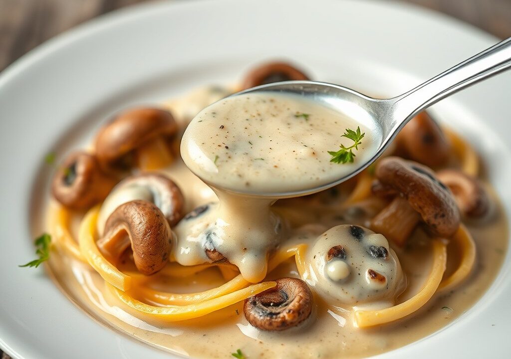 Roomsaus van kastanjechampignons (zie opm), AI-gegenereerde illustratie