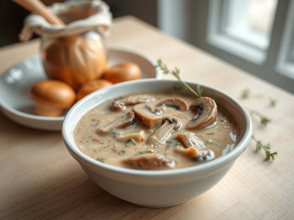 Roomsaus van kastanjechampignons (zie opm), AI-gegenereerde illustratie