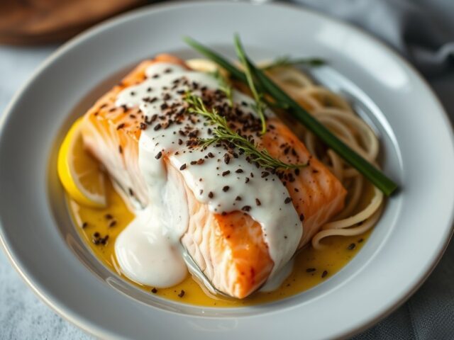 Roos van gemarineerde zalm met mosterdcréme