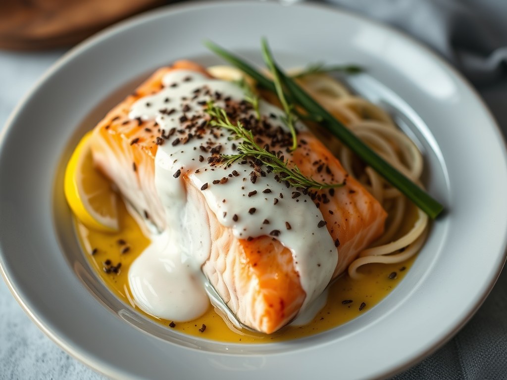 Roos van gemarineerde zalm met mosterdcréme, AI-gegenereerde illustratie