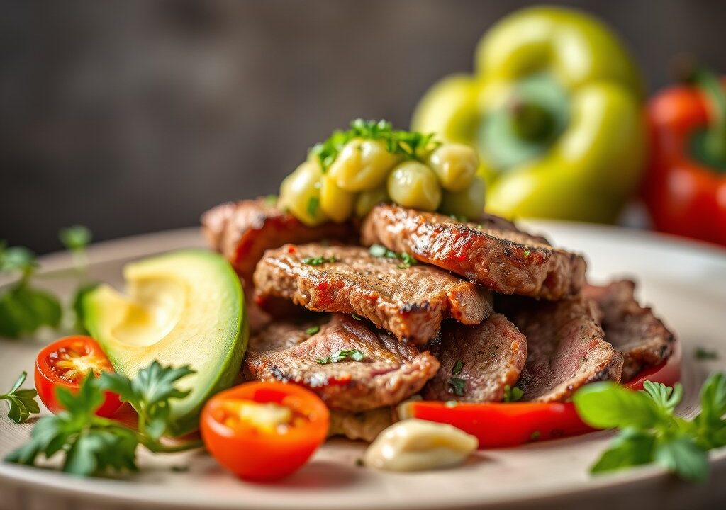 Rosbief met avocadosalsa, AI-gegenereerde illustratie