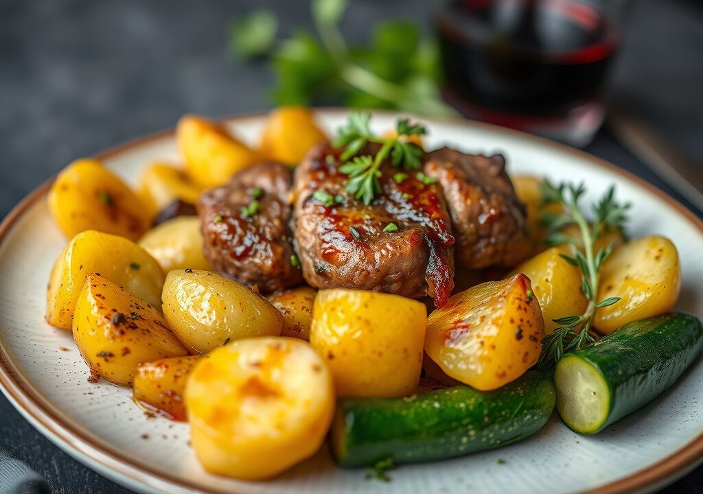 Rosbief met balsamicojus, aardappelen en courgette, AI-gegenereerde illustratie