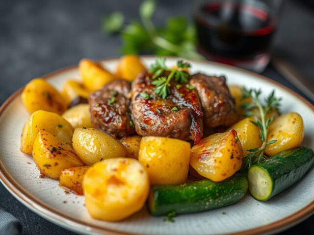 Rosbief met balsamicojus, aardappelen en courgette — AI-gegenereerde illustratie