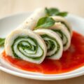 Roulade van pollak en jonge spinazie met tomatencoulis
