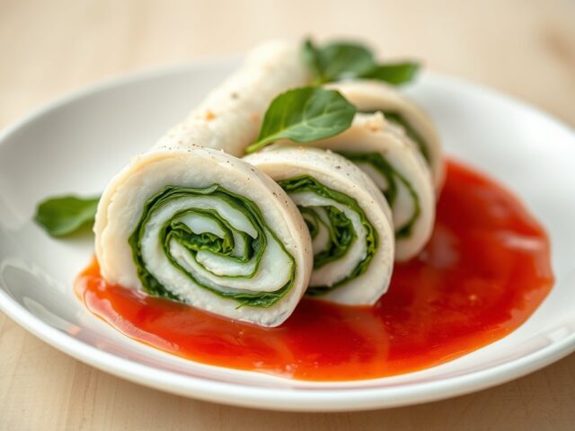 Roulade van pollak en jonge spinazie met tomatencoulis
