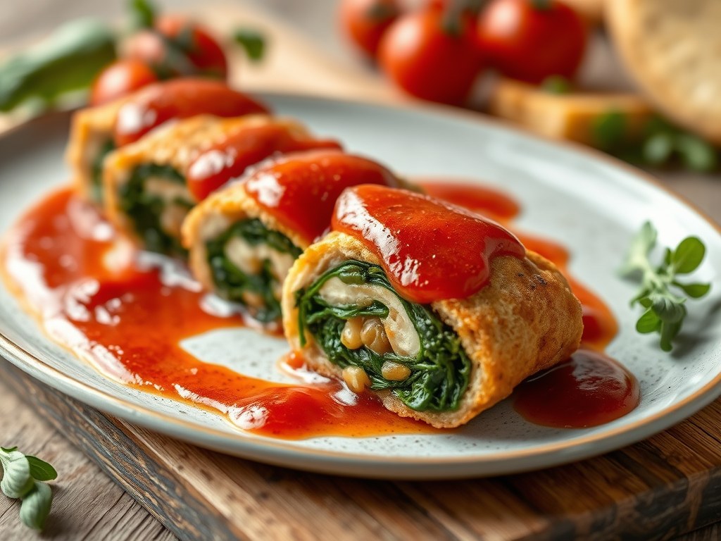 Roulade van pollak en jonge spinazie met tomatencoulis, AI-gegenereerde illustratie