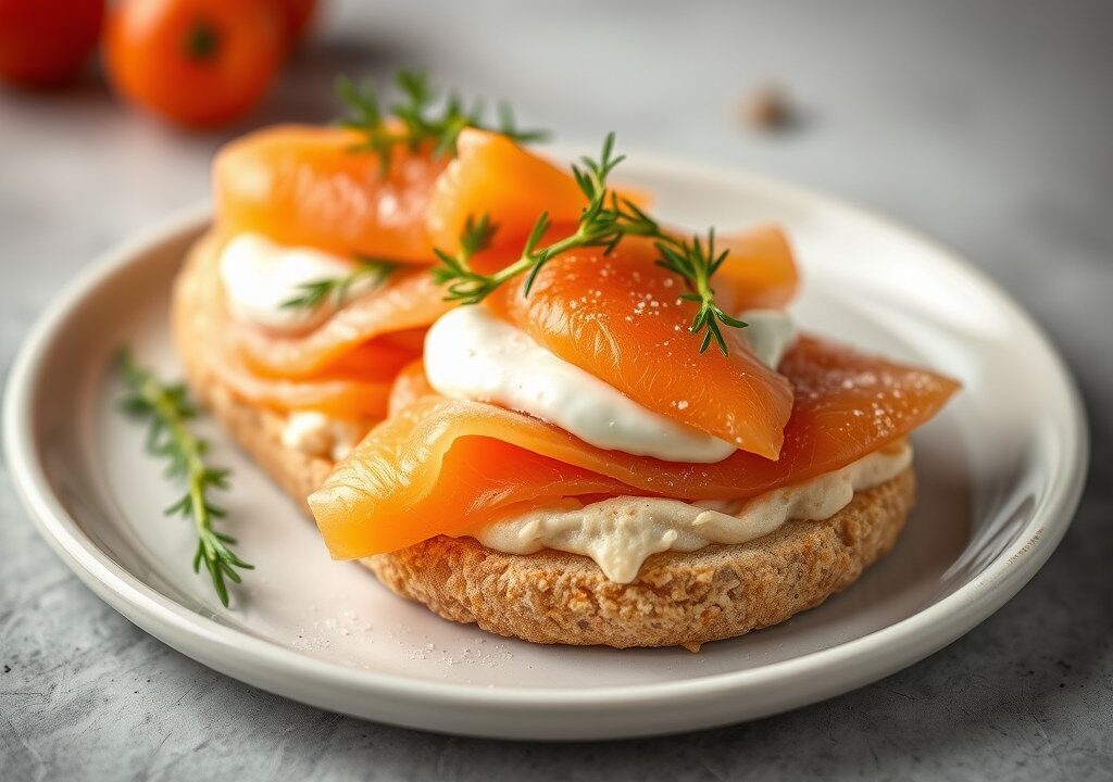 Roulleau van Zweeds tunnbrod met gerookte zalm, AI-gegenereerde illustratie
