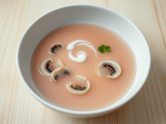 Roze consommé van Parijse champignons