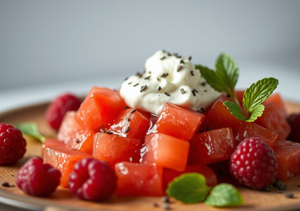 Roze fruitsalade met roomkaas, AI-gegenereerde illustratie