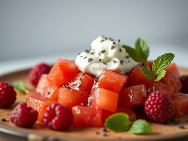 Roze fruitsalade met roomkaas — AI-gegenereerde illustratie