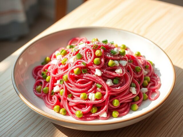 Roze spaghettisalade met romanescokool