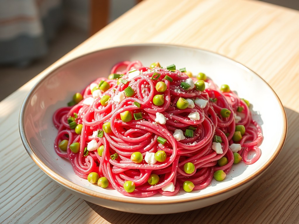 Roze spaghettisalade met romanescokool, AI-gegenereerde illustratie