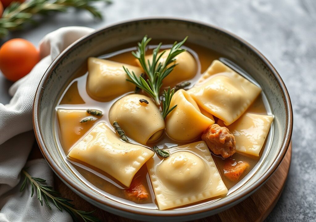 Rozemarijnbouillon met gevulde pasta — AI-gegenereerde illustratie