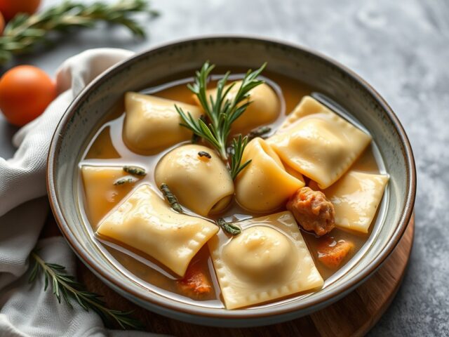 Rozemarijnbouillon met gevulde pasta — AI-gegenereerde illustratie