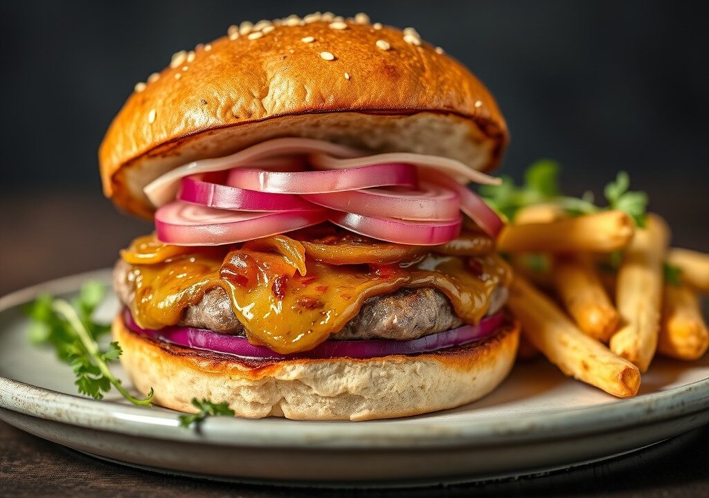 Runder-Lende-Burger met Uien-Confit, AI-gegenereerde illustratie